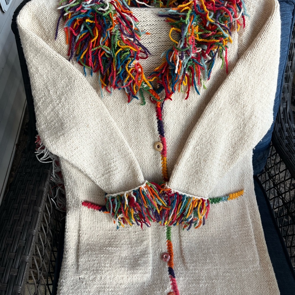 Amano Cardigan 100% Wool with Rainbow Fringe